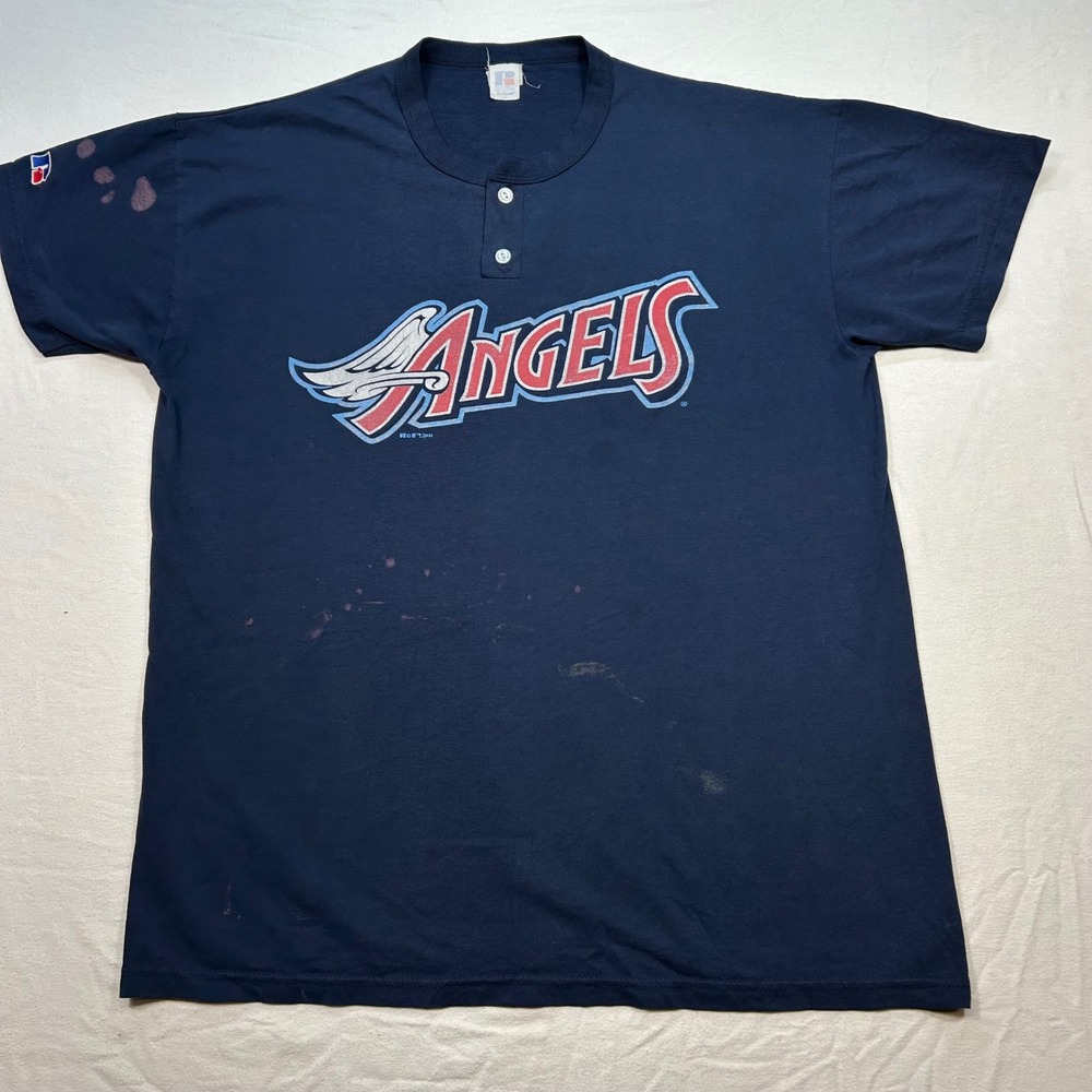 Russell Athletic Anaheim Angels Henley Shirt XL Mens Navy Blue 2000 MLB‎ Vintage